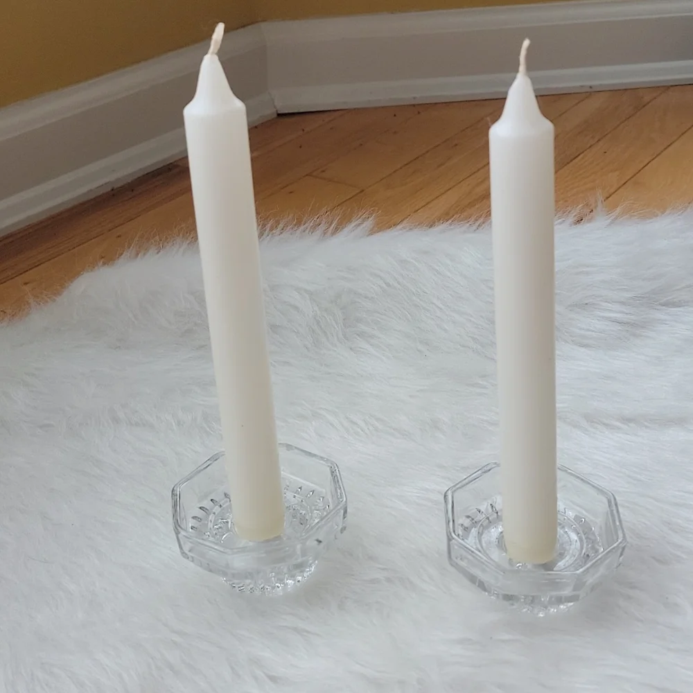 SET‎ OF TWO Clear Crystal Like Glass Dinner Romantic Taper Candlestick Holders